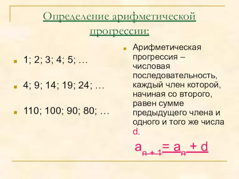 Определение арифметической прогрессии: Арифметическая прогрессия – числовая последовательность, каждый член которой, начиная