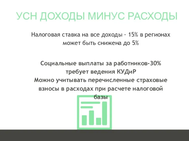 УСН ДОХОДЫ МИНУС РАСХОДЫ Налоговая ставка на все доходы - 15% в