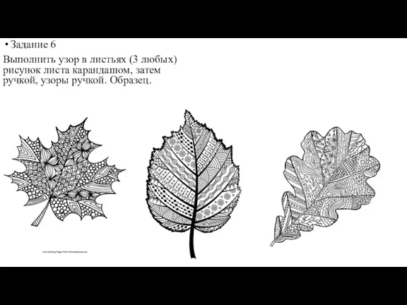 Задание 6 Выполнить узор в листьях (3 любых) рисунок листа карандашом, затем ручкой, узоры ручкой. Образец.