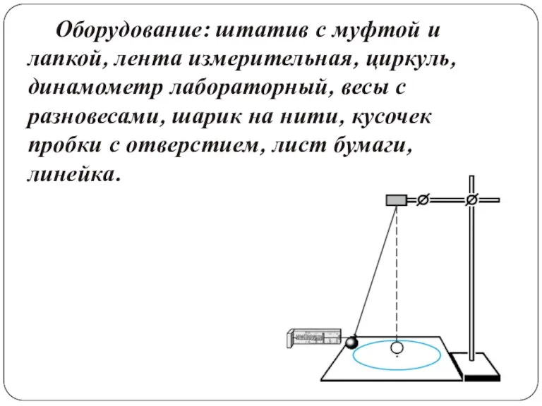 Оборудование: штатив с муфтой и лапкой, лента измерительная, циркуль, динамометр лабораторный, весы