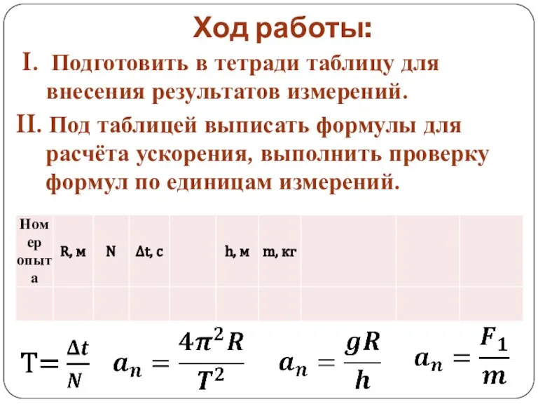 Ход работы: I. Подготовить в тетради таблицу для внесения результатов измерений. II.