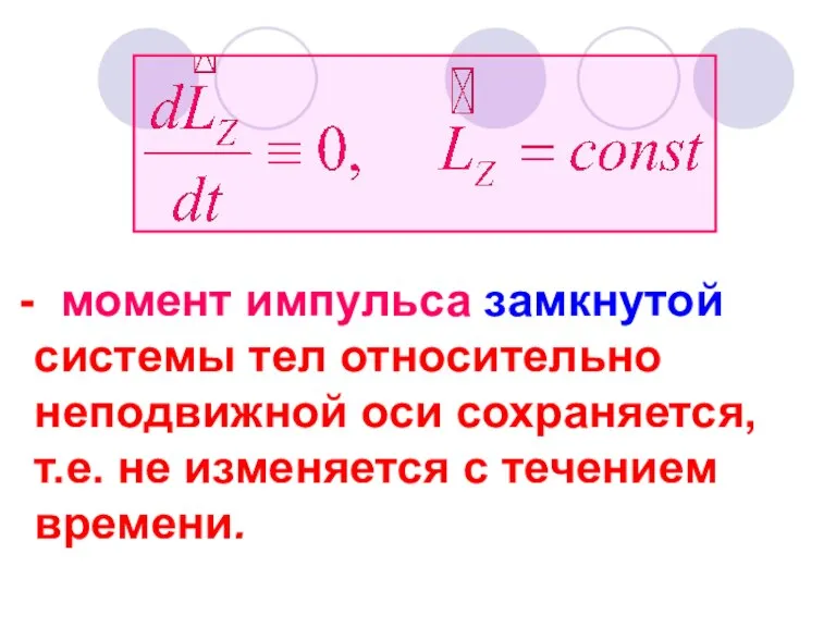 момент импульса замкнутой системы тел относительно неподвижной оси сохраняется, т.е. не изменяется с течением времени.