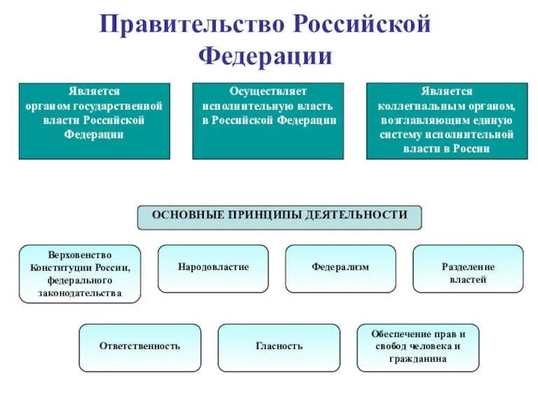 Является органом государственной власти Российской Федерации Осуществляет исполнительную власть в Российской Федерации