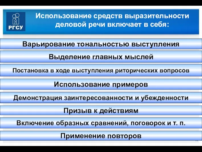 Использование средств выразительности деловой речи включает в себя: