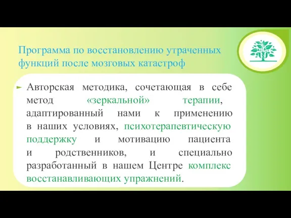 Программа по восстановлению утраченных функций после мозговых катастроф Авторская методика, сочетающая в