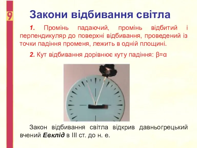 Закони відбивання світла 1. Промінь падаючий, промінь відбитий і перпендикуляр до поверхні