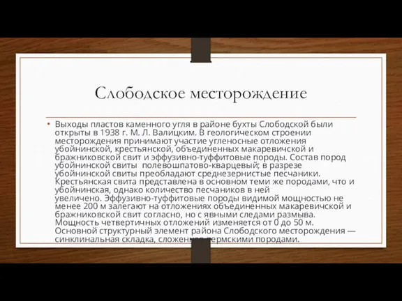 Слободское месторождение Выходы пластов каменного угля в районе бухты Слободской были открыты