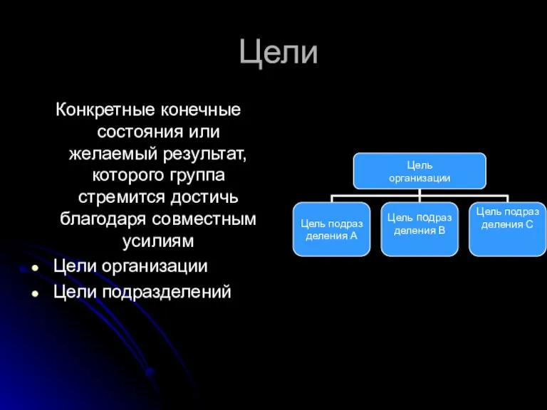 Цели Конкретные конечные состояния или желаемый результат, которого группа стремится достичь благодаря