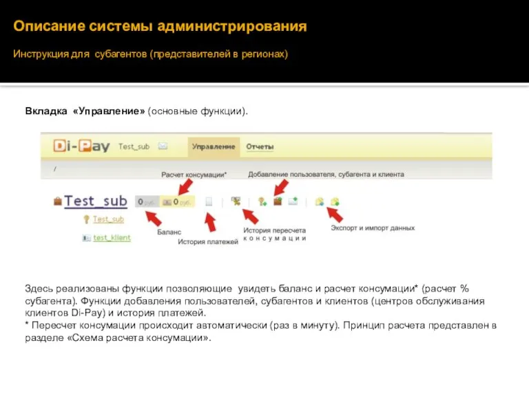 Описание системы администрирования Инструкция для субагентов (представителей в регионах) Вкладка «Управление» (основные