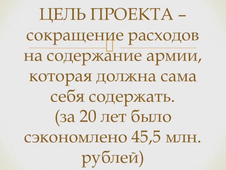 ЦЕЛЬ ПРОЕКТА – сокращение расходов на содержание армии, которая должна сама себя