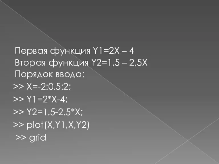 Первая функция Y1=2X – 4 Вторая функция Y2=1,5 – 2,5X Порядок ввода: