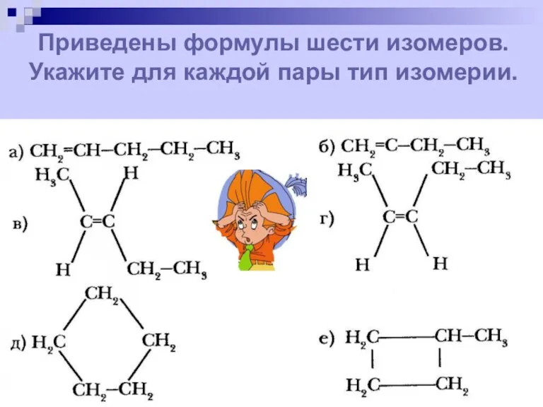 Приведены формулы шести изомеров. Укажите для каждой пары тип изомерии.