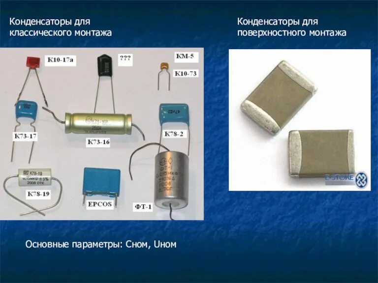 Конденсаторы для классического монтажа Конденсаторы для поверхностного монтажа Основные параметры: Сном, Uном