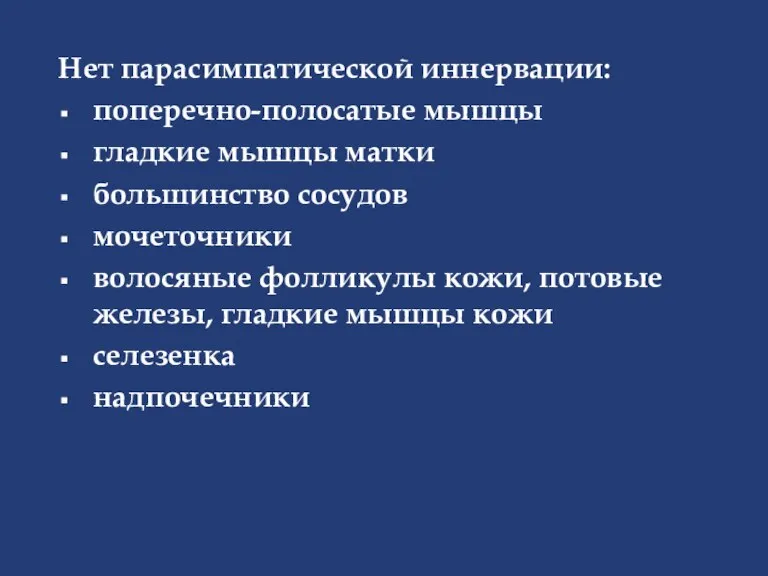 Нет парасимпатической иннервации: поперечно-полосатые мышцы гладкие мышцы матки большинство сосудов мочеточники волосяные