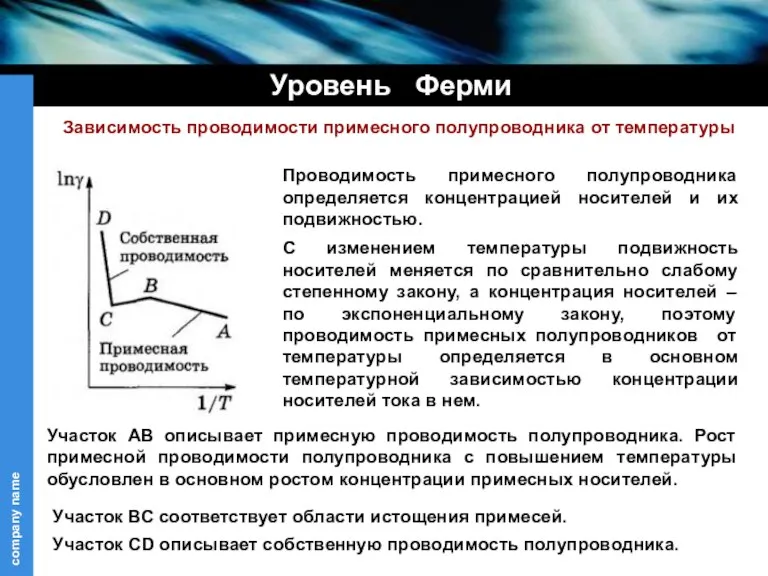 Уровень Ферми Проводимость примесного полупроводника определяется концентрацией носителей и их подвижностью. Зависимость