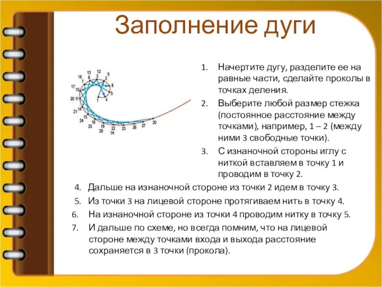 Заполнение дуги Начертите дугу, разделите ее на равные части, сделайте проколы в