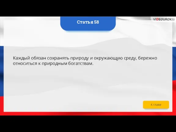 Каждый обязан сохранять природу и окружающую среду, бережно относиться к природным богатствам. Статья 58 К главе