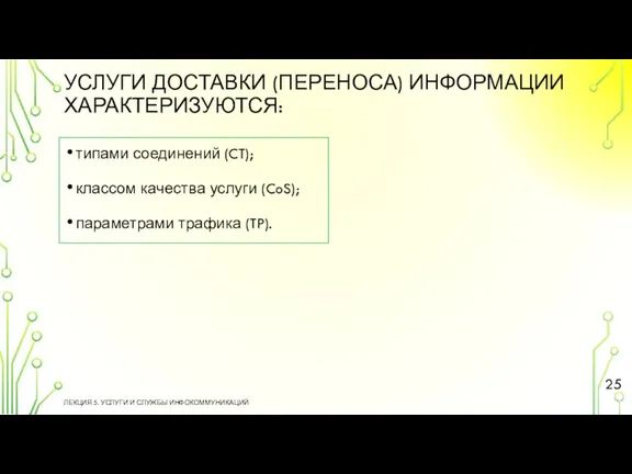 УСЛУГИ ДОСТАВКИ (ПЕРЕНОСА) ИНФОРМАЦИИ ХАРАКТЕРИЗУЮТСЯ: ЛЕКЦИЯ 5. УСЛУГИ И СЛУЖБЫ ИНФОКОММУНИКАЦИЙ типами