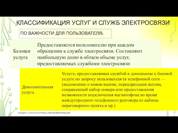 КЛАССИФИКАЦИЯ УСЛУГ И СЛУЖБ ЭЛЕКТРОСВЯЗИ ЛЕКЦИЯ 5. УСЛУГИ И СЛУЖБЫ ИНФОКОММУНИКАЦИЙ ПО ВАЖНОСТИ ДЛЯ ПОЛЬЗОВАТЕЛЯ: