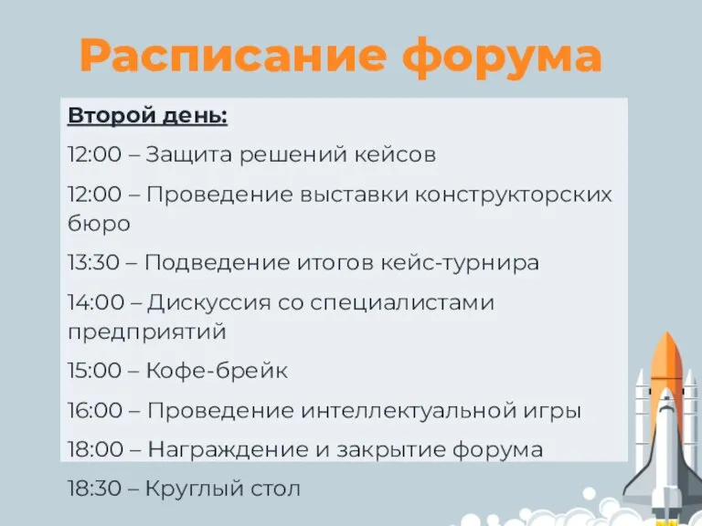 Расписание форума Второй день: 12:00 – Защита решений кейсов 12:00 – Проведение