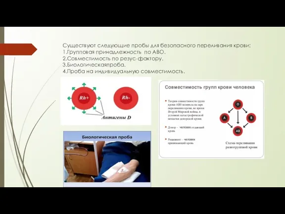 Существуют следующие пробы для безопасного переливания крови: 1.Групповая принадлежность по АВО. 2.Совместимость