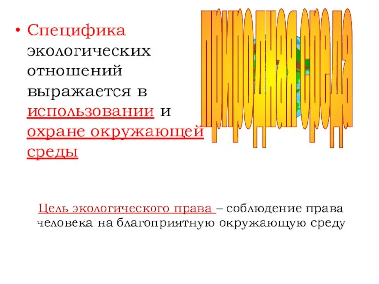 Цель экологического права – соблюдение права человека на благоприятную окружающую среду Специфика