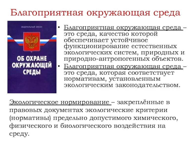 Благоприятная окружающая среда Благоприятная окружающая среда – это среда, качество которой обеспечивает