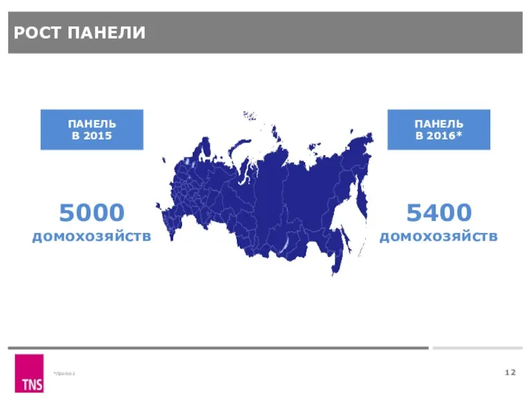 РОСТ ПАНЕЛИ *Прогноз ПАНЕЛЬ В 2015 ПАНЕЛЬ В 2016* 5000 домохозяйств 5400 домохозяйств