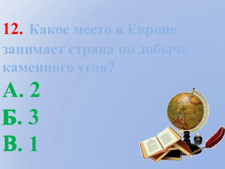 12. Какое место в Европе занимает страна по добыче каменного угля? А.