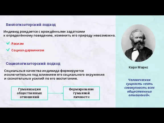 Биологизаторский подход Индивид рождается с врождёнными задатками к определённому поведению, изменить его