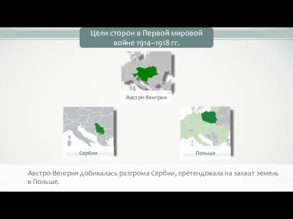 Австро-Венгрия добивалась разгрома Сербии, претендовала на захват земель в Польше. Цели сторон