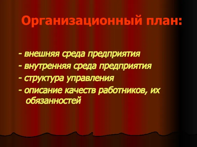 Организационный план: - внешняя среда предприятия - внутренняя среда предприятия - структура