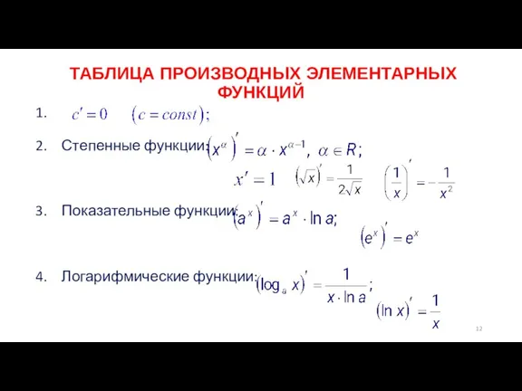 ТАБЛИЦА ПРОИЗВОДНЫХ ЭЛЕМЕНТАРНЫХ ФУНКЦИЙ Степенные функции: Показательные функции: Логарифмические функции: