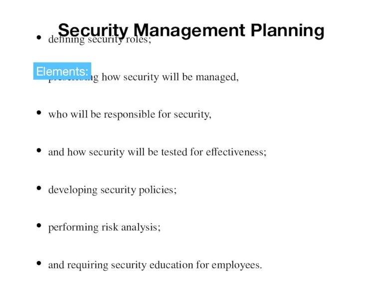 Security Management Planning defining security roles; prescribing how security will be managed,