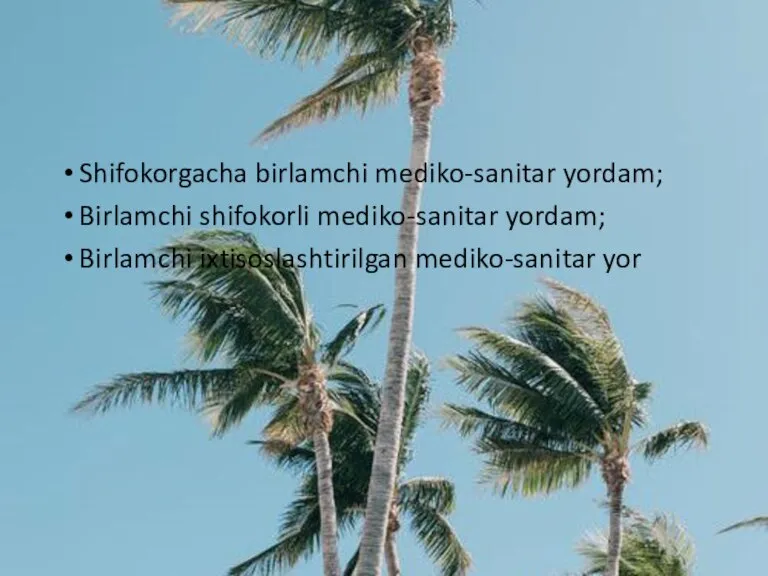 Shifokorgacha birlamchi mediko-sanitar yordam; Birlamchi shifokorli mediko-sanitar yordam; Birlamchi ixtisoslashtirilgan mediko-sanitar yor