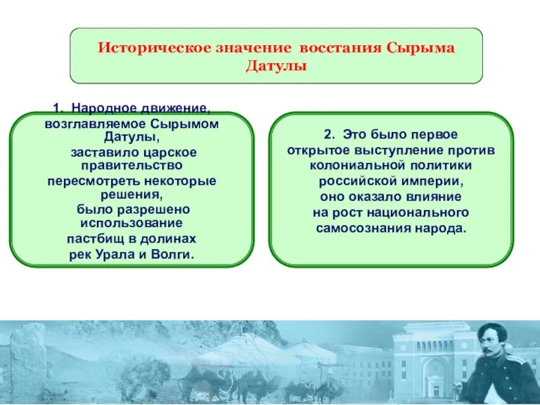 Историческое значение восстания Сырыма Датулы 1. Народное движение, возглавляемое Сырымом Датулы, заставило