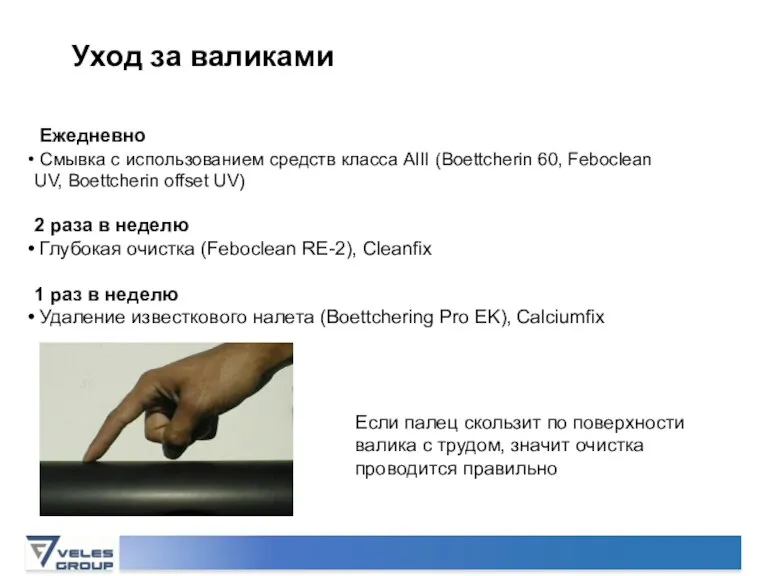 Уход за валиками Ежедневно Смывка с использованием средств класса АIII (Boettcherin 60,