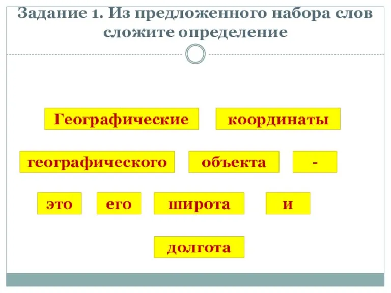 Географические координаты географического объекта - это его широта долгота и Задание 1.