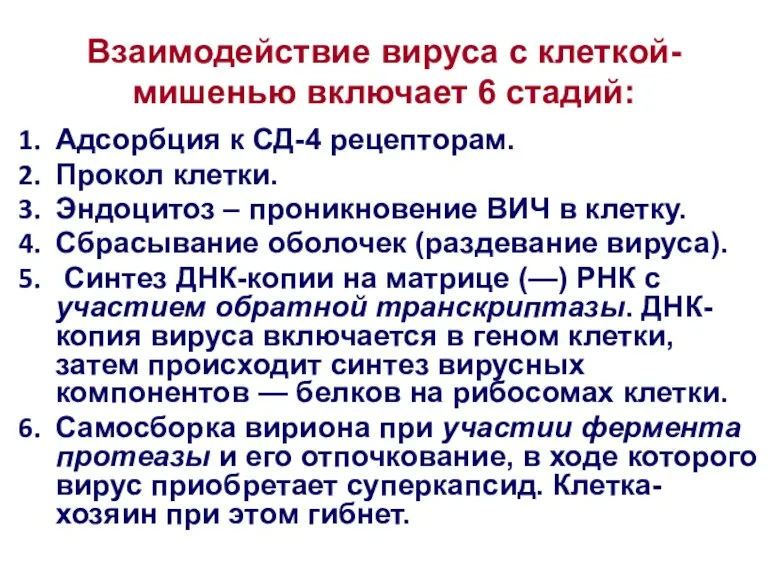 Взаимодействие вируса с клеткой-мишенью включает 6 стадий: Адсорбция к СД-4 рецепторам. Прокол