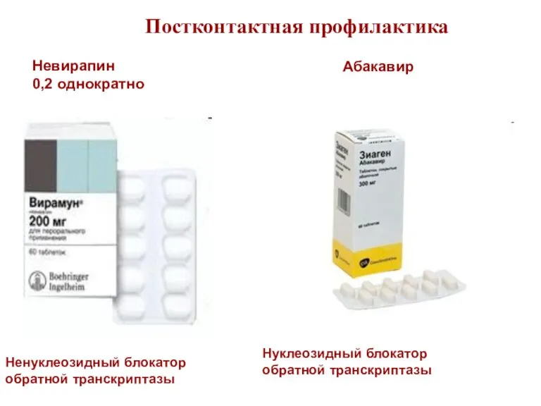 Ненуклеозидный блокатор обратной транскриптазы Невирапин 0,2 однократно Нуклеозидный блокатор обратной транскриптазы Абакавир Постконтактная профилактика