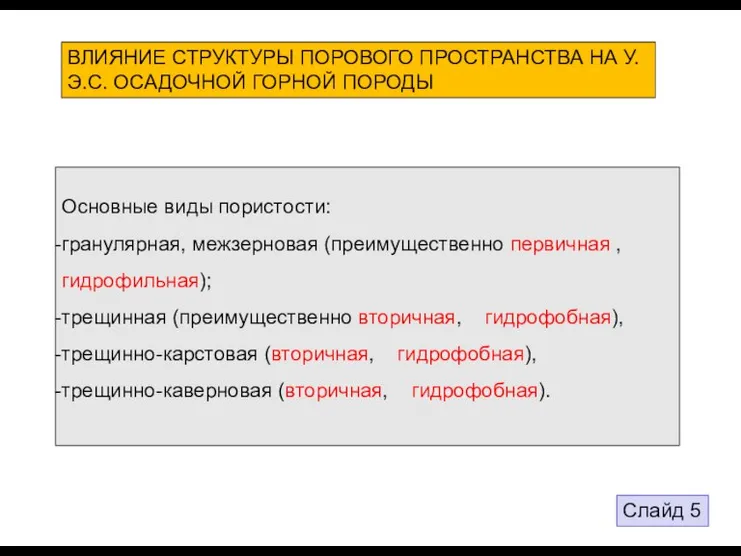 ВЛИЯНИЕ СТРУКТУРЫ ПОРОВОГО ПРОСТРАНСТВА НА У.Э.С. ОСАДОЧНОЙ ГОРНОЙ ПОРОДЫ Основные виды пористости: