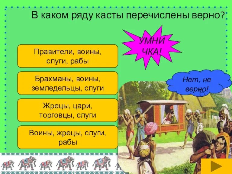 В каком ряду касты перечислены верно? Правители, воины, слуги, рабы Брахманы, воины,