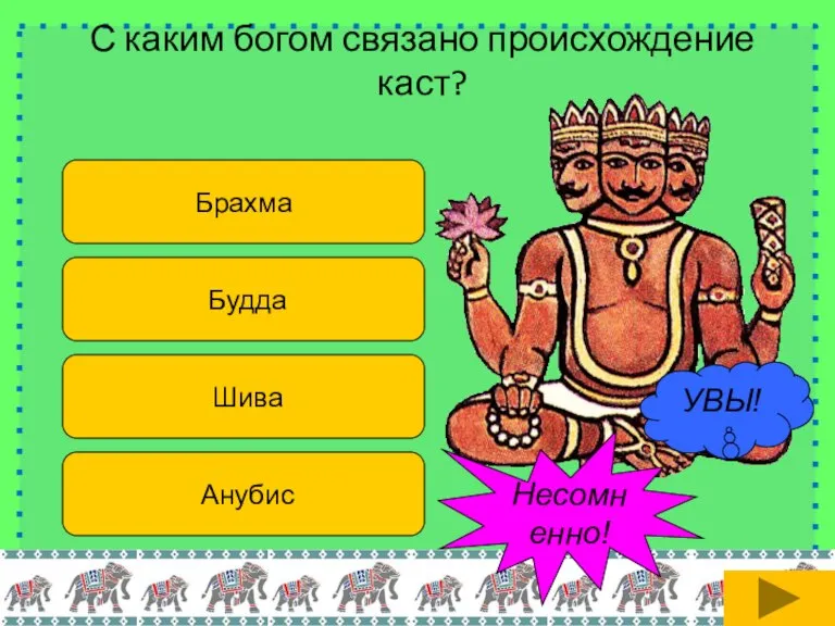 С каким богом связано происхождение каст? Брахма Будда Шива Анубис Несомненно! УВЫ!