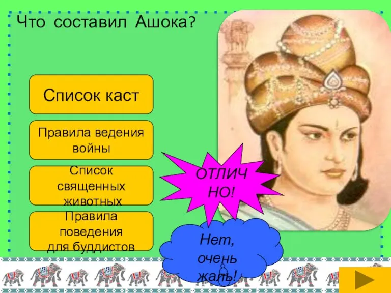 Что составил Ашока? Список каст Правила ведения войны Список священных животных Правила