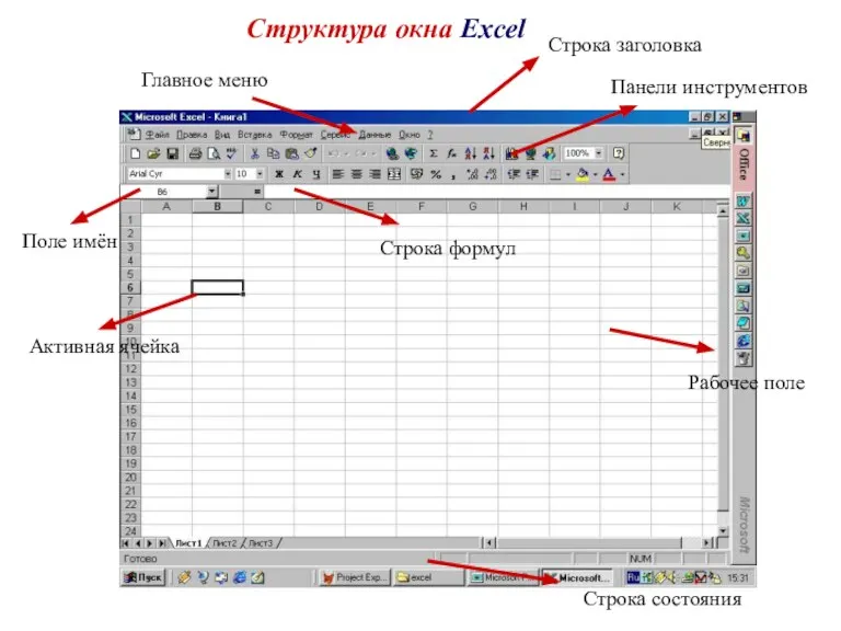 Структура окна Excel Главное меню Рабочее поле Панели инструментов Строка заголовка Строка