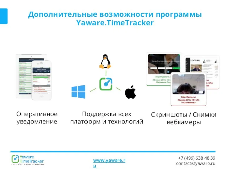 Дополнительные возможности программы Yaware.TimeTracker Скриншоты / Снимки вебкамеры Поддержка всех платформ и технологий Оперативное уведомление