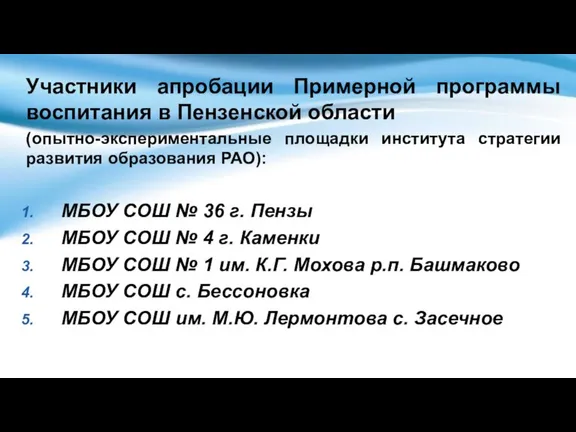 Участники апробации Примерной программы воспитания в Пензенской области (опытно-экспериментальные площадки института стратегии