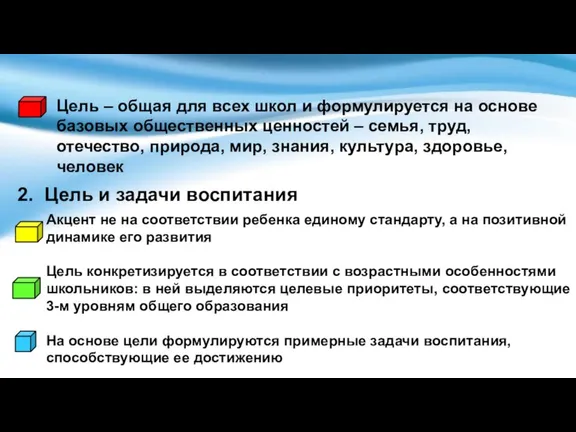 Цель – общая для всех школ и формулируется на основе базовых общественных