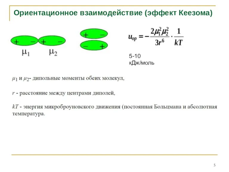 Ориентационное взаимодействие (эффект Кеезома) 5-10 кДж/моль