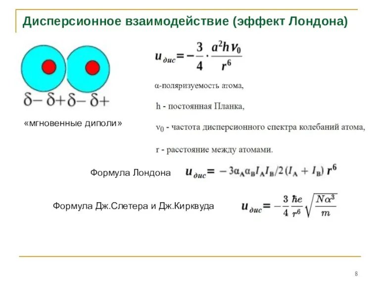 Дисперсионное взаимодействие (эффект Лондона) Формула Лондона Формула Дж.Слетера и Дж.Кирквуда «мгновенные диполи»